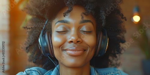 Smiling African American woman listening to music with headphones