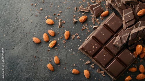 chocolate with almonds on dark grey background with copy space