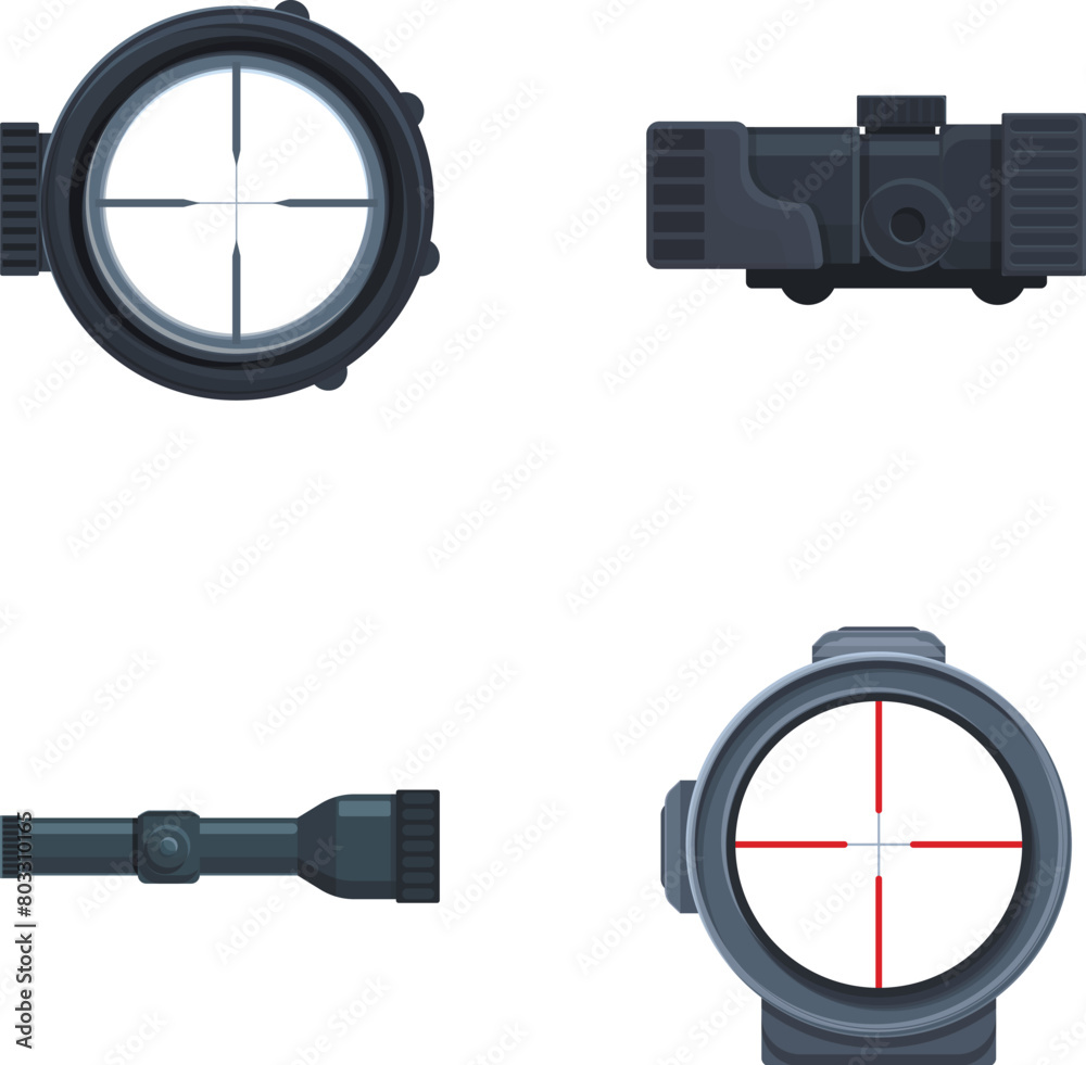 Sniper optic icons set cartoon vector. Various sniper optical sight. Weapon, military concept Sniper optic icons set cartoon vector. Various sniper optical sight. Weapon, military concept