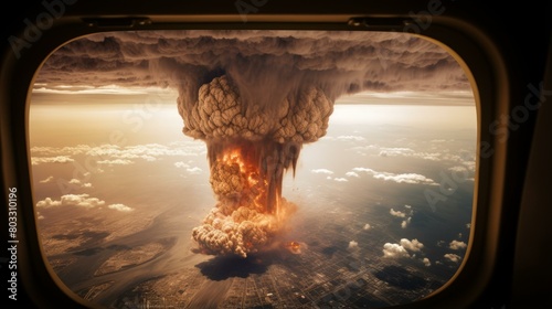 Mushroom cloud from a nuclear explosion seen from the window of an airplane photo