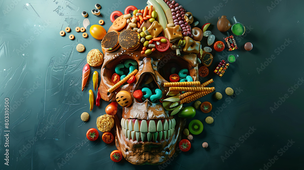 Naklejka premium Fast Food Skull: A Sinister Symphony of Junk Food
