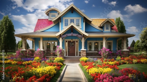 Colorful suburban house with flowers in front yard