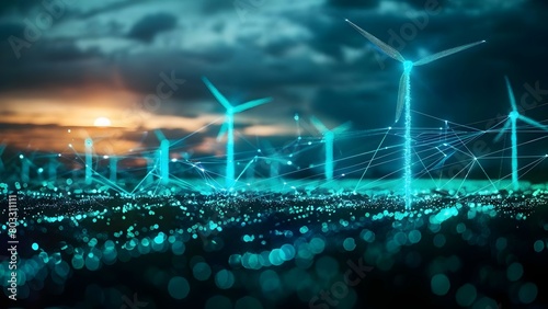 Digital visualization of renewable energy algorithms predicting production in smart grid network. Concept Renewable Energy Algorithms, Smart Grid Network, Energy Predictions, Digital Visualization