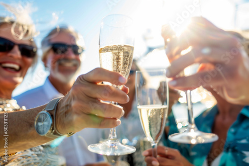 people celebrating on a yacht, enjoying champagne under the bright sun.  © Chen