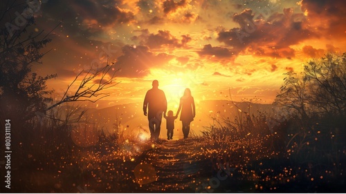  family walking the path of righteousness at sunset, Family silhouette walking down a ethereal sunrise vibrant landscape photo