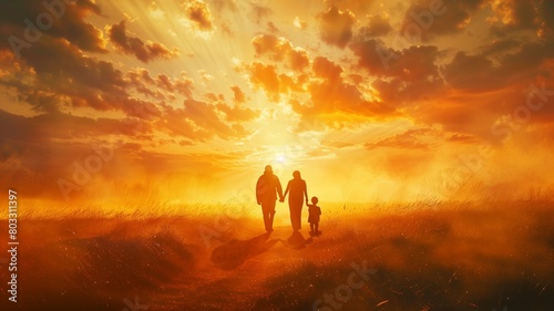  family walking the path of righteousness at sunset, Family silhouette walking down a ethereal sunrise vibrant landscape photo