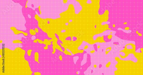 Colorful pink light hot yellow splashes. Square line notebook pattern. Back to school blank. Little dynamic dots on abstract background. Cartoon childish design style. Funny modern trendy art retro