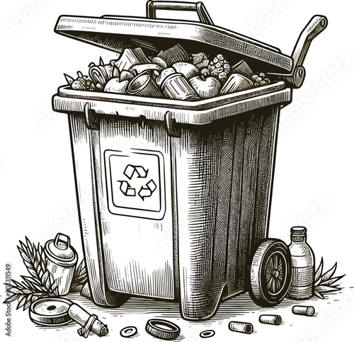 Littering garbage, pile of garbage in graphic style. Steel garbage bin full of trash, garbage can for bottles, glass, plastic and batteries, vector illustration isolated on white background