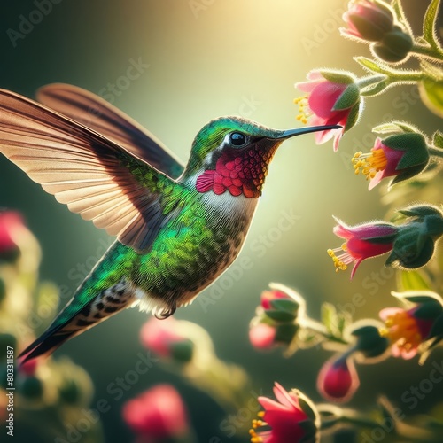 Ruby-throated Hummingbird (Archilochus colubris) Its emerald-green feathers shimmer in the sunlight, while a flash of ruby below its throat attracts attention with every subtle movement. photo