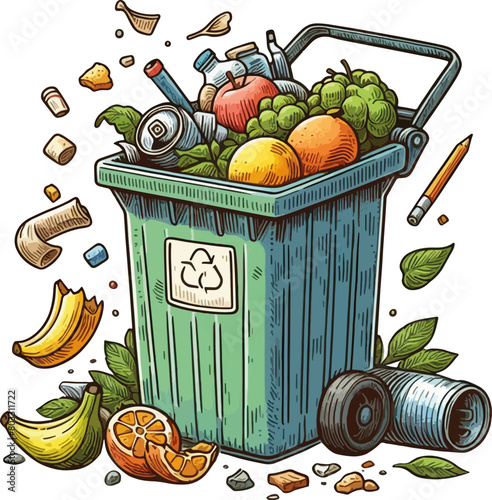 Littering garbage, pile of garbage in graphic style. Steel garbage bin full of trash, garbage can for bottles, glass, plastic and batteries, vector illustration isolated on white background