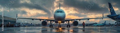 Commercial airplane being prepared for departure at the airport