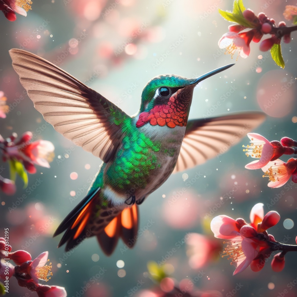 Ruby-throated Hummingbird (Archilochus colubris) Its emerald-green feathers shimmer in the sunlight, while a flash of ruby below its throat attracts attention with every subtle movement.
