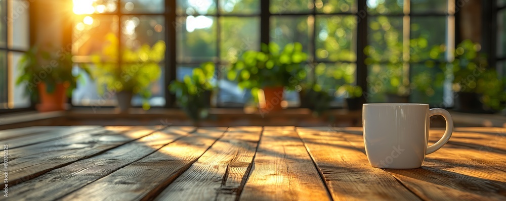 Morning coffee cup on rustic wooden table with sunlight