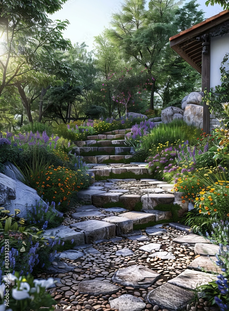 Stone path in a lush garden with colorful flowers and green plants Stone path in a lush garden with colorful flowers and green plants
