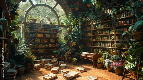 Jungle of Books: A Conservatory Retreat, generative ai photo