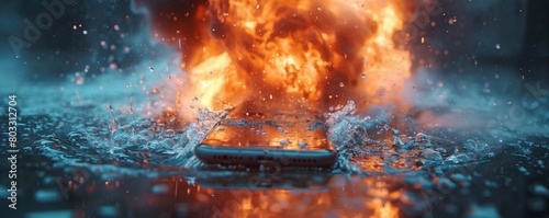 Smartphone with flames and splashing water