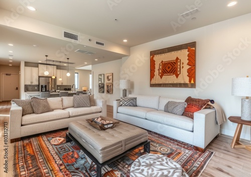 A living room with two sofas  a coffee table  and a rug