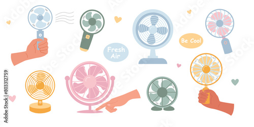 Set of table fan hand fan in flat style. Vector illustration. Fan in hand.