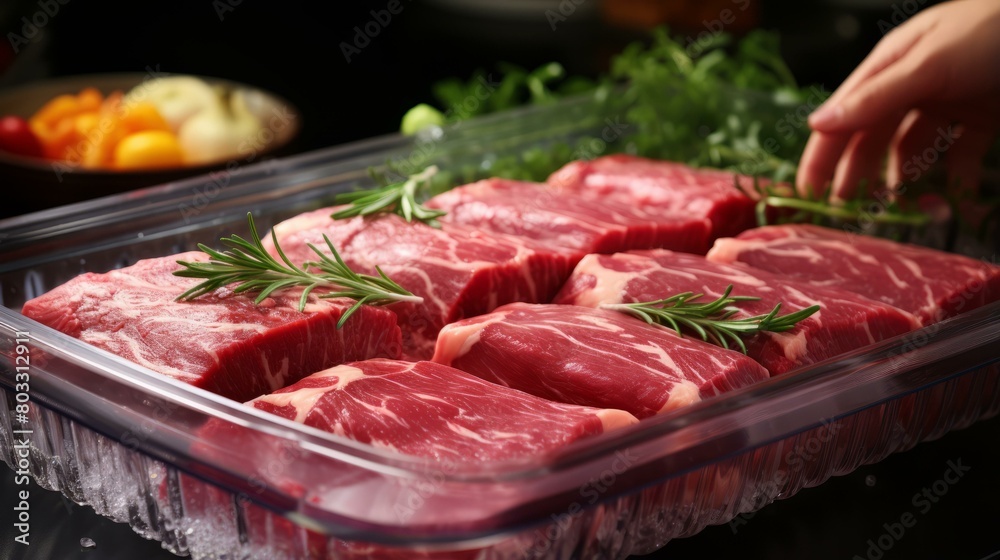 Raw beef steaks in a transparent plastic tray with rosemary