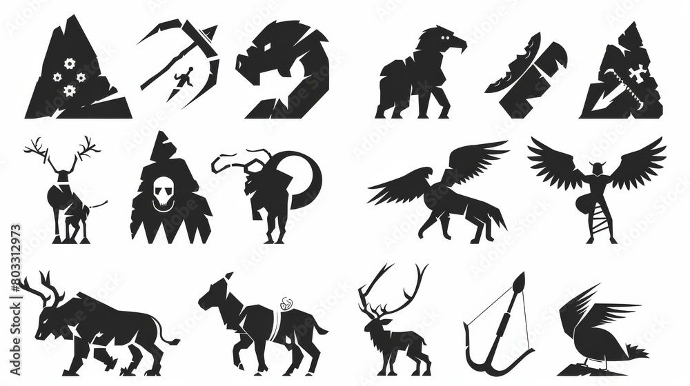 Collection of monochrome icons inspired by ancient cave paintings featuring wildlife and nature scenes