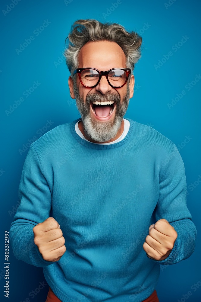 Bearded man in glasses celebrating with clenched fists Bearded man in glasses celebrating with clenched fists