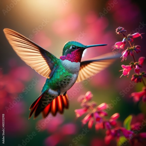 Ruby-throated Hummingbird (Archilochus colubris) Its emerald-green feathers shimmer in the sunlight, while a flash of ruby below its throat attracts attention with every subtle movement. © Zeeedoct