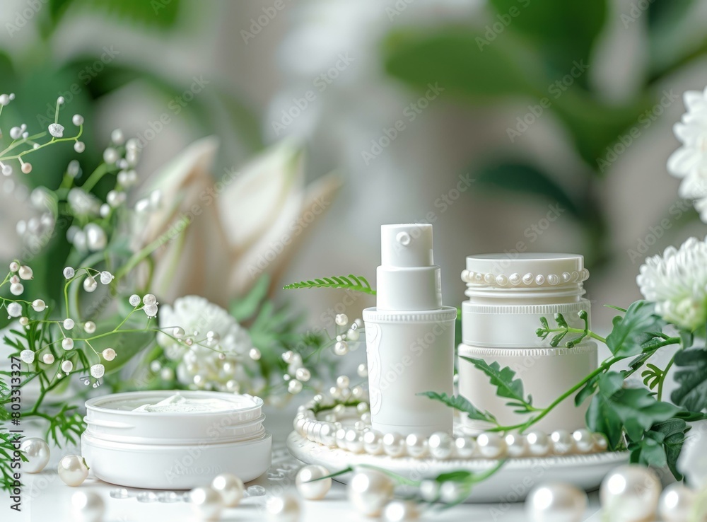 White cosmetic bottles and cream with pearls and flowers White cosmetic bottles and cream with pearls and flowers