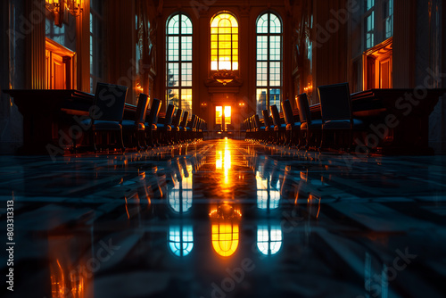 High-level meeting between government officials and business executives to discuss trade agreements .Room with many windows  amber reflections on wooden floor