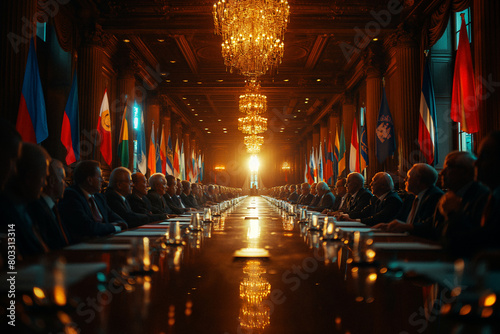 High-level meeting between government officials and business executives to discuss trade agreements .People seated in room with flags on walls, gathering for event