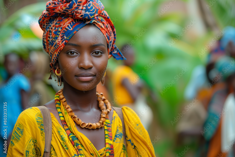 Fototapeta premium Workshop on financial literacy and empowerment for marginalized communities .A woman with a turban and necklace smiles at the camera