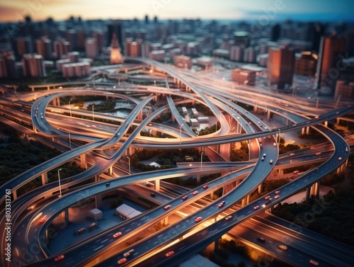 Aerial view of modern transport system and multi-level highway interchange at dusk