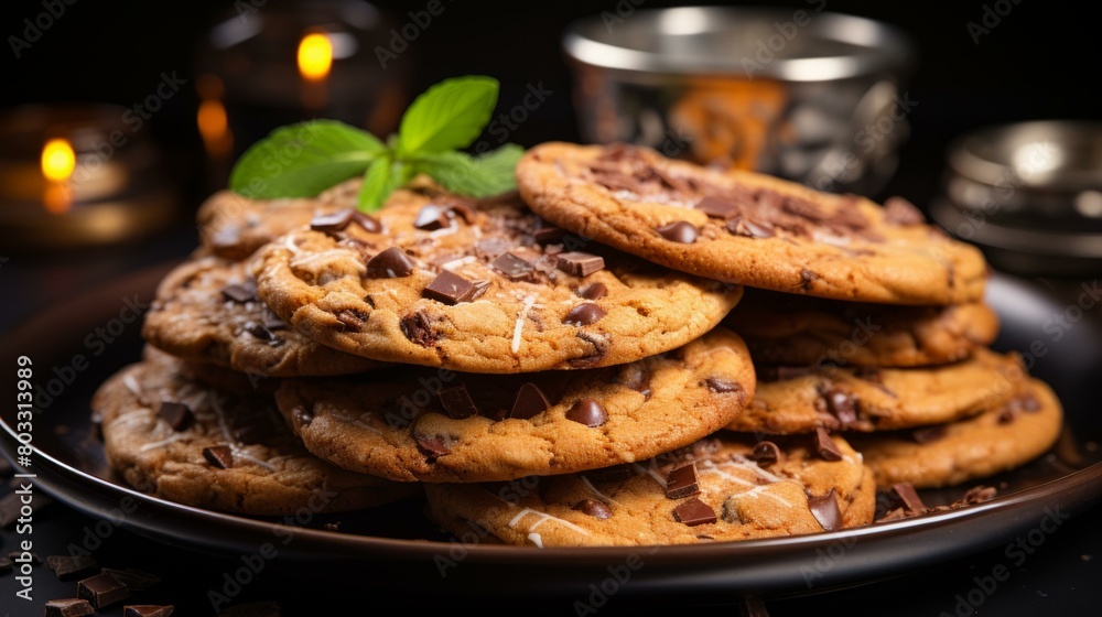A stack of chocolate chip cookies on a plate with a lit candle in the background