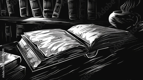 Monochrome woodcut inspired illustration featuring skulls, classical busts, and books photo