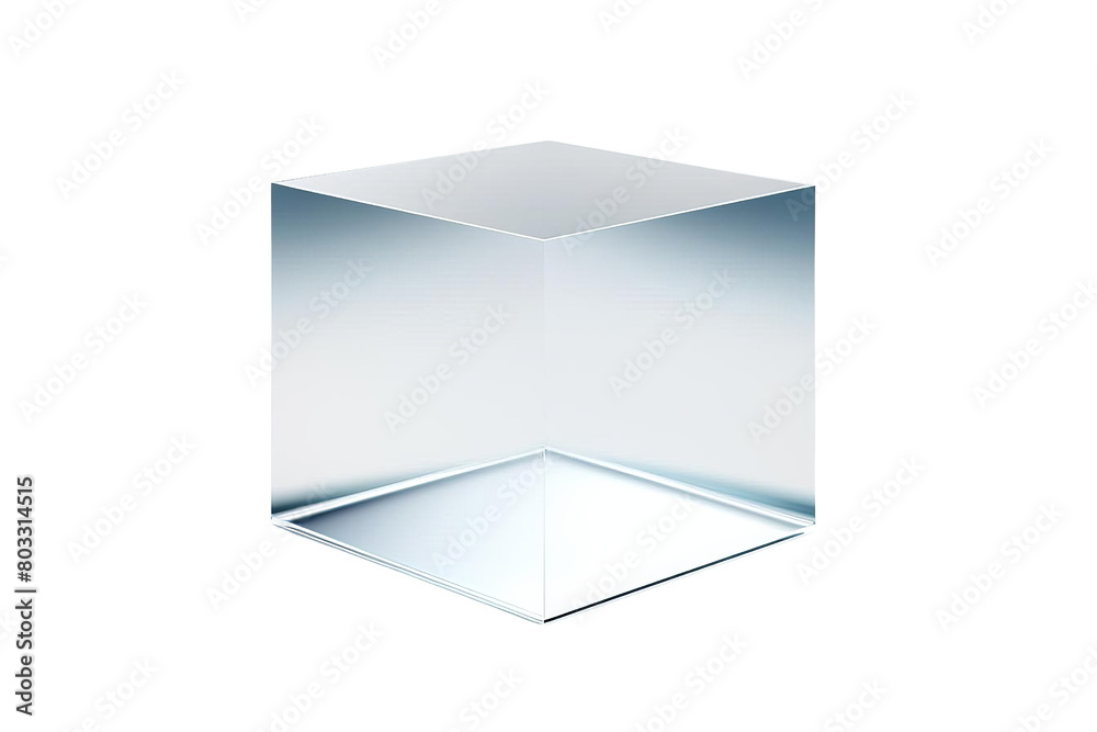 A cube made of clear glass sits on a white background, transparent background A cube made of clear glass sits on a white background, transparent background