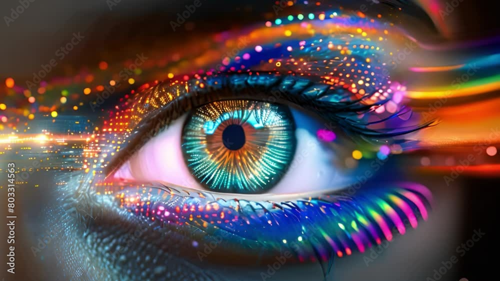 A detailed close-up of an eye overlaid with glowing digital patterns. A detailed close-up of an eye overlaid with glowing digital patterns.