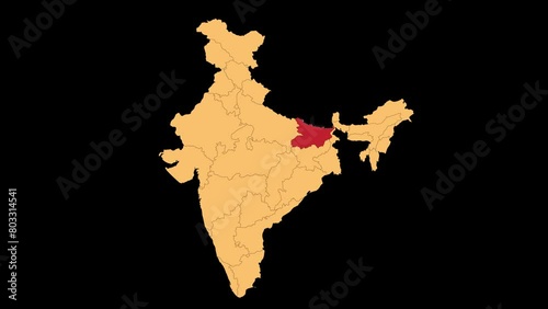 Bihar map animated video. Bihar location in India highlighted colour with transparent background in video format. Map animation video.