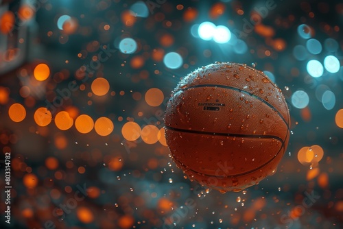 Wet basketball with glowing orange bokeh lights photo
