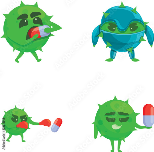 Drug resistance icons set cartoon vector. Bacteria or virus defeating drug. Threat of weak immunity