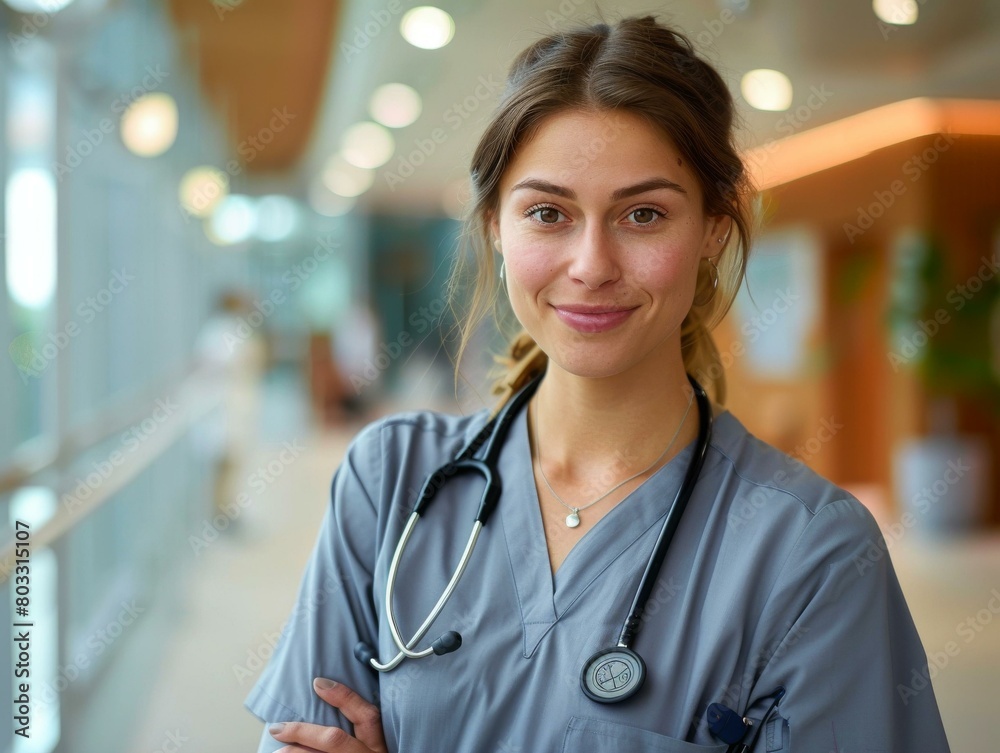 Portrait of a smiling young female doctor in a hospital hallway Portrait of a smiling young female doctor in a hospital hallway