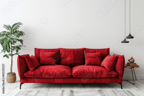 Livingroom interior wall mock up with red fabric sofa and pillows on white background with free space on right. 3d rendering © Aqsa