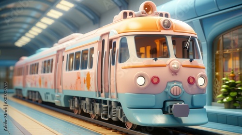 A pink and blue train is in a station