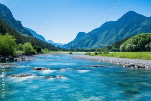 A river flowing through a valley with mountains in the distance