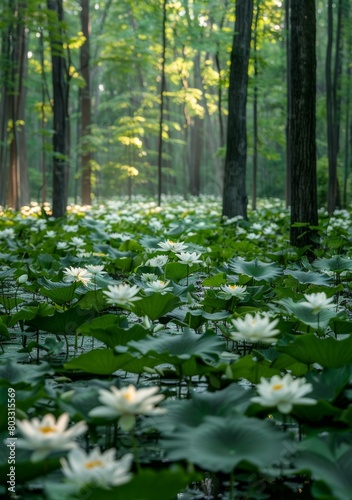 White flowers in a pond surrounded by green leaves and trees
