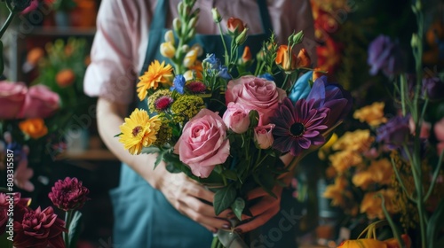 A person holding a bouquet of colorful flowers in their hands