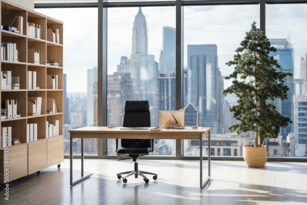 Modern office interior with large windows and a view of the city Modern office interior with large windows and a view of the city