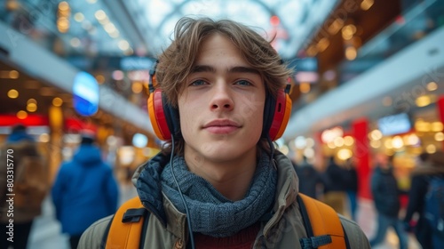 portrait of a young male wearing headphones in a busy public space
