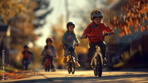 The picture of the children riding the bicycle while wearing the protection on the helmet for safety, riding the bike require skill the training, experience, balance, endurance and awareness. AIG43.