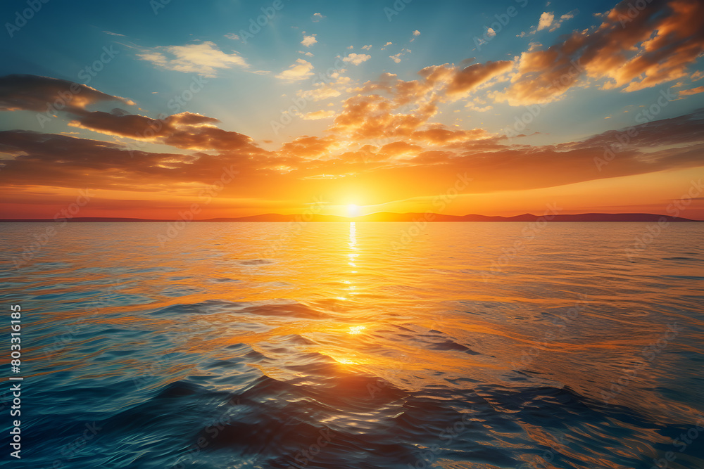 A tranquil seascape with a glowing golden sun dipping below the horizon, the colors of the sunset reflecting across the calm wat  Generative Ai,