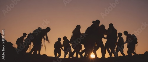 A group of people silhouetted against a sunset, helping each other climb up a rocky mountain path. Help and assistance concept.