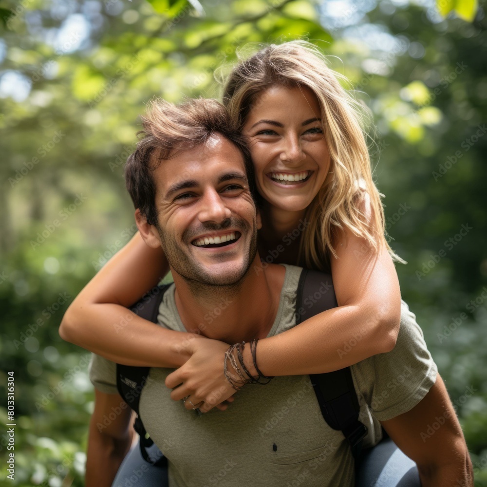 Happy couple in love piggybacking in the woods Happy couple in love piggybacking in the woods